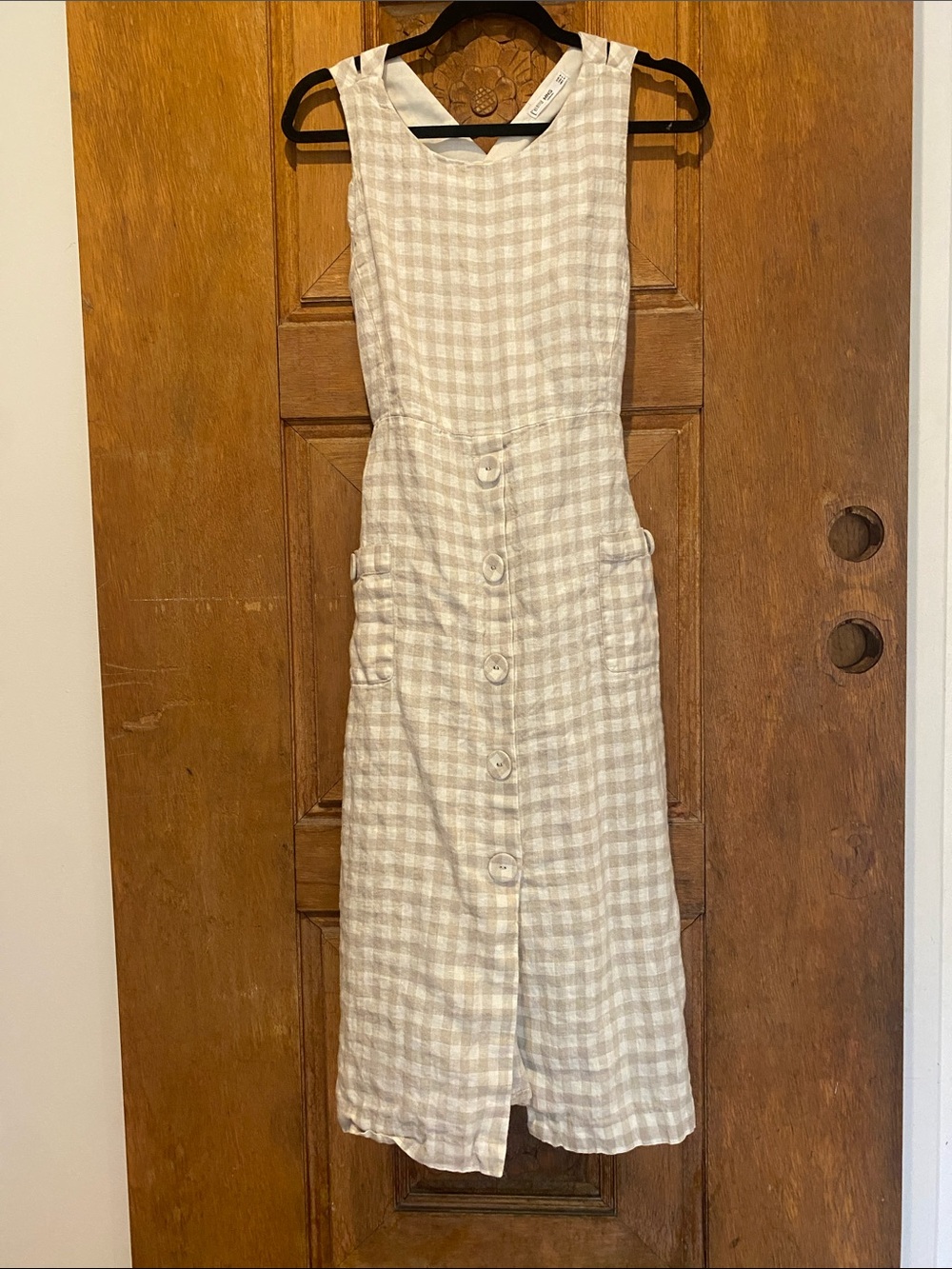 MNG Mango gingham check linen midi dress medium 6 khaki cream criss cross back